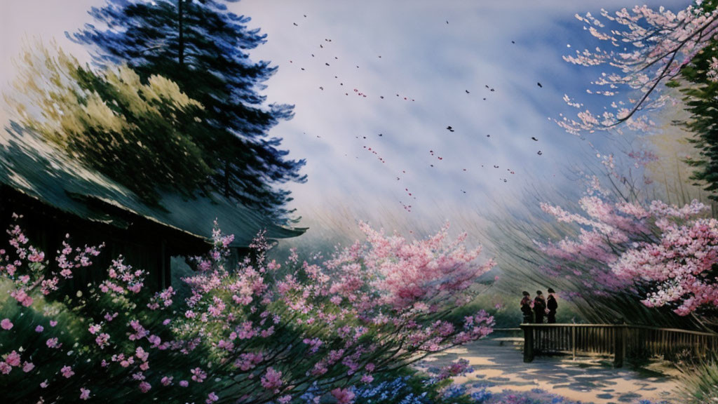 Tranquil Cherry Blossom Pathway with People, Birds, and Traditional Building