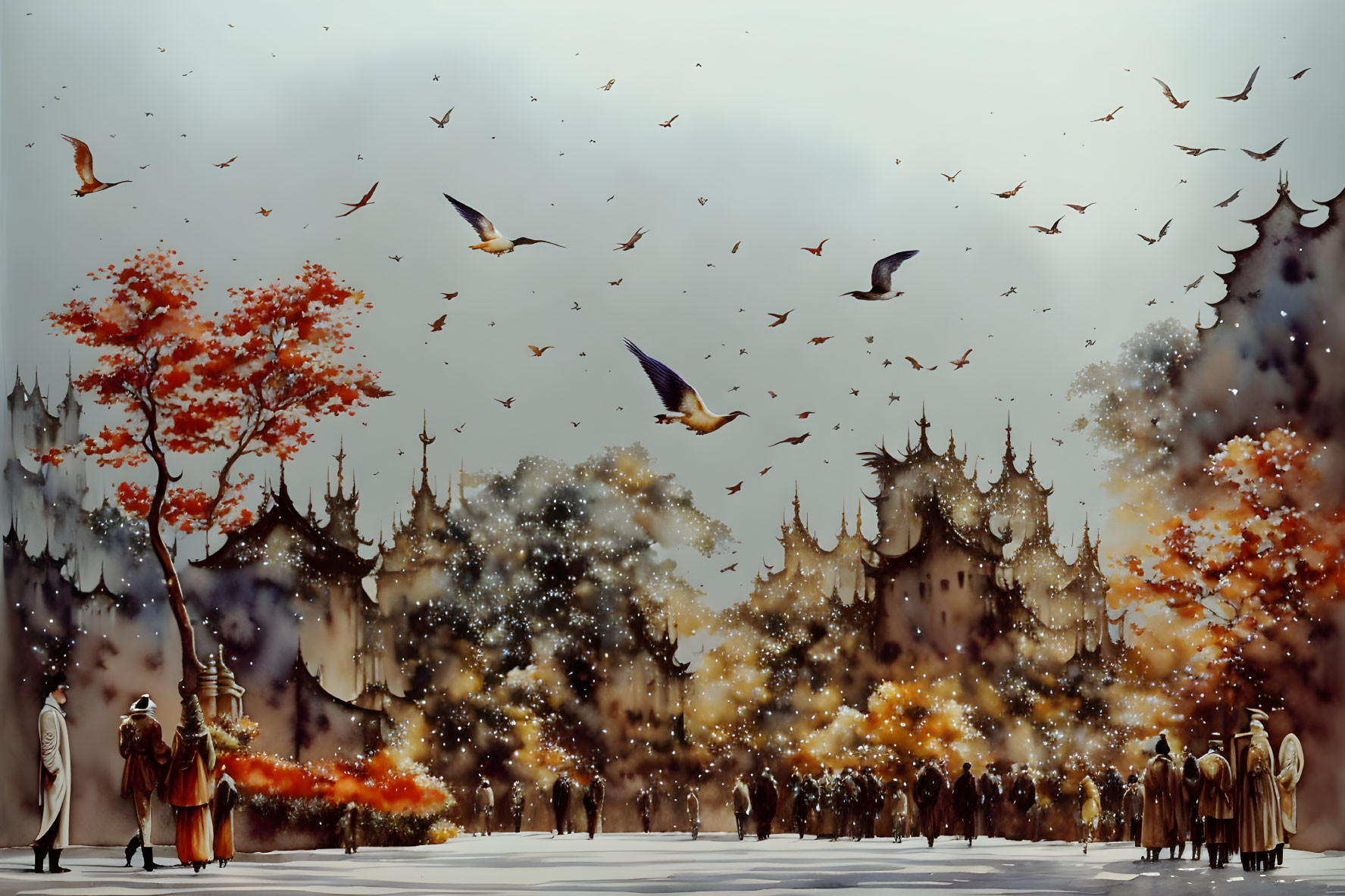 Fantasy digital painting: People in traditional attire watching birds over autumn landscape