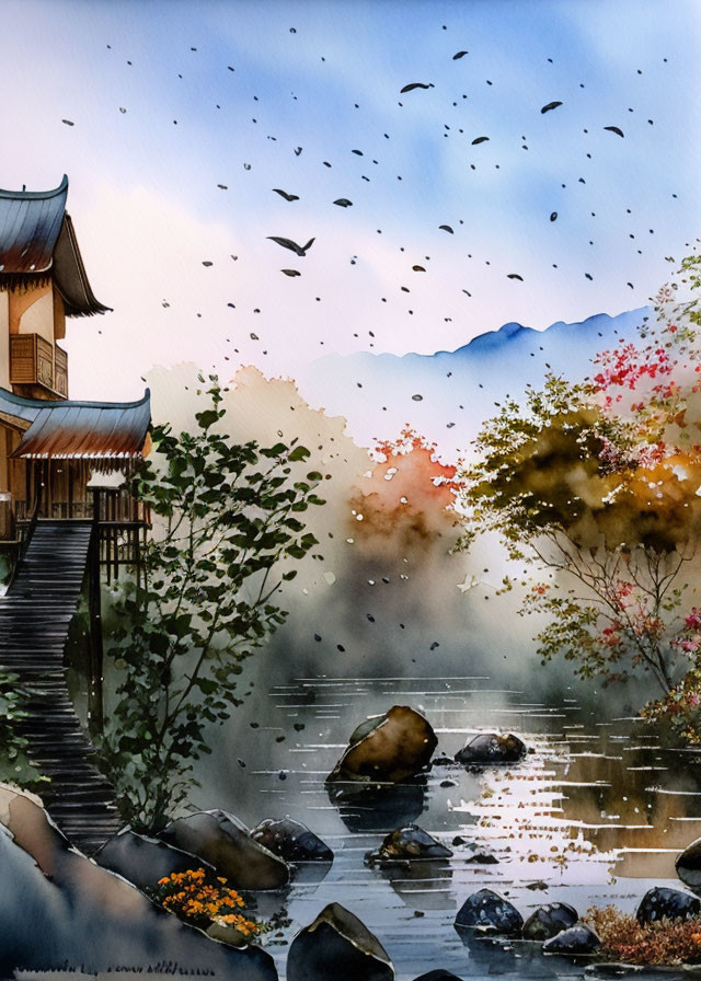 Asian-style Building by Misty Lake with Rocks and Colorful Foliage under Bird-filled Sky