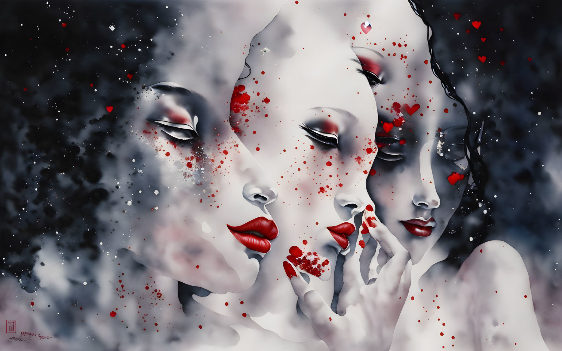 Surreal red and black merging faces artwork with starry backdrop