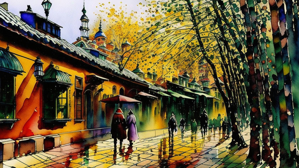 Vibrant watercolor street scene on a rainy day with people and autumn trees