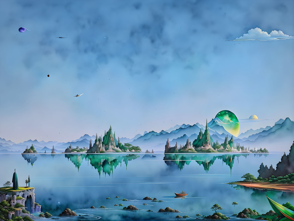 Surreal landscape with floating islands, crystal bubbles, serene lake, mountains, flying ships, and