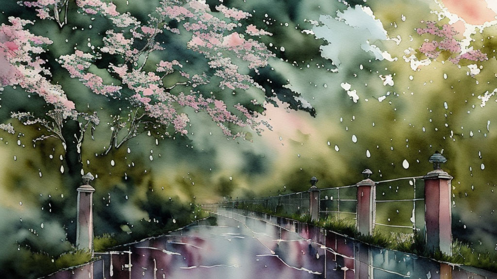 Vibrant watercolor painting: Blooming cherry blossom tree in rain.