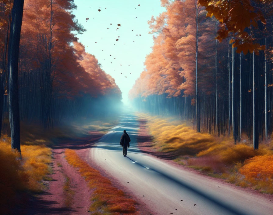 Person Walking on Serene Forest Road Amidst Vibrant Autumn Colors