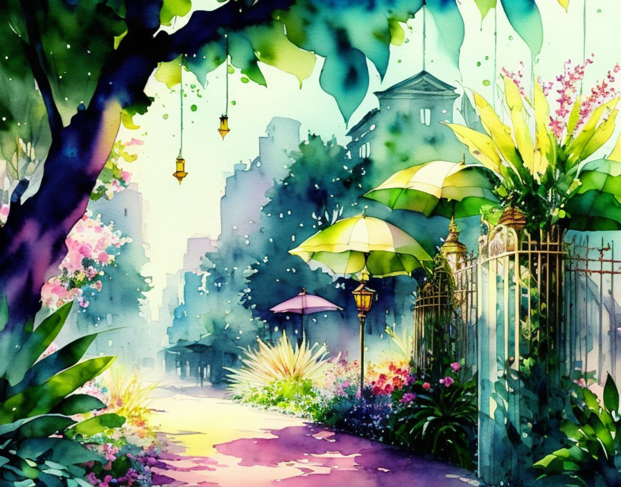 Colorful Watercolor Illustration of Path with Plants and Cityscape