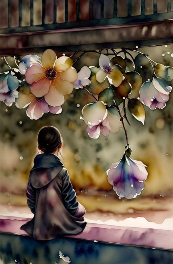 Person sitting under flowering tree branch with falling petals in serene artwork