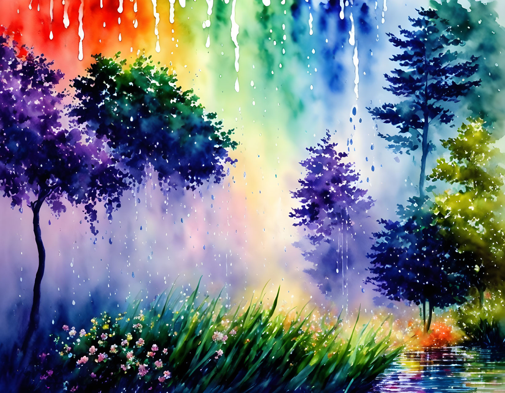 Colorful Watercolor Painting of Whimsical Forest Scene