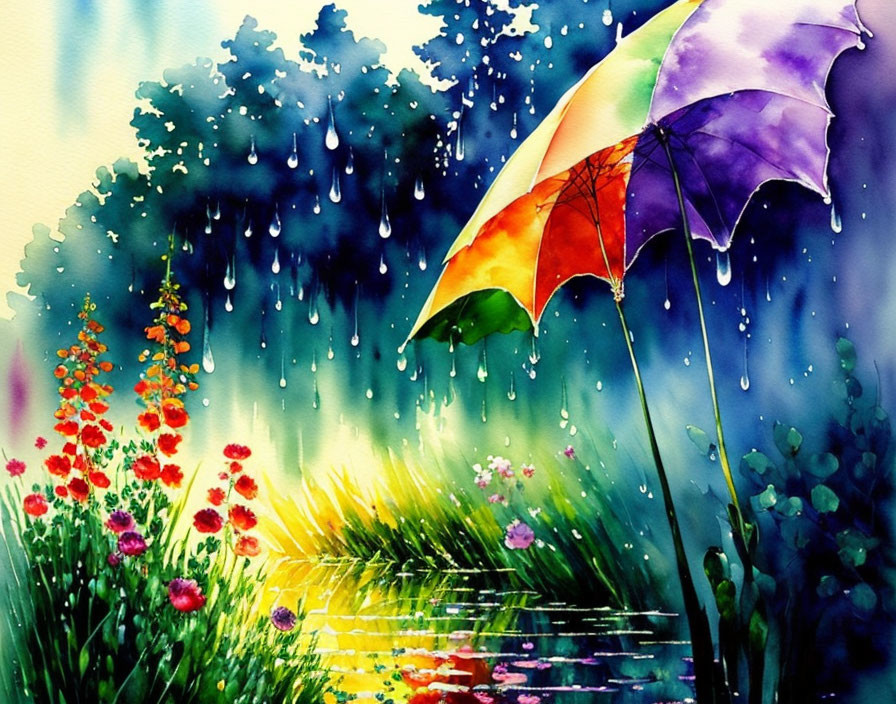 Vibrant watercolor painting of colorful umbrella in rain