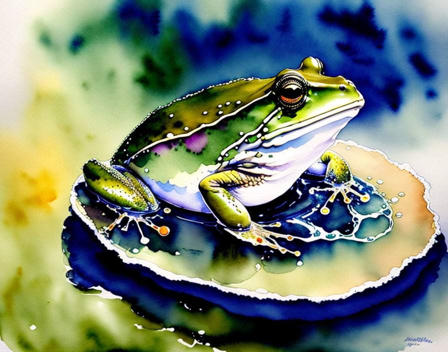 Vibrant green frog in watercolor on brown surface