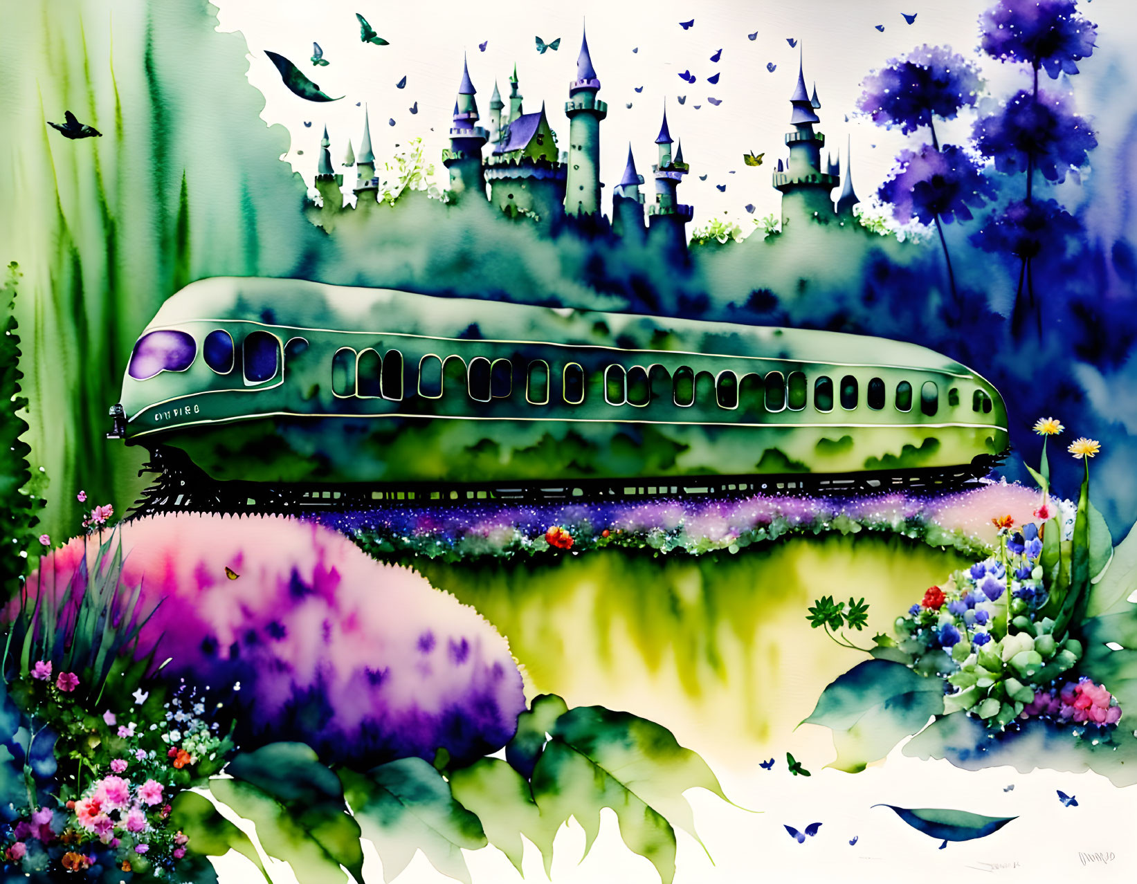 Colorful futuristic train in fantasy landscape with castles and vibrant flora