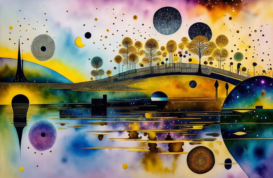 Abstract surreal painting: colorful trees, orbs, bridge, water reflections, starry sky