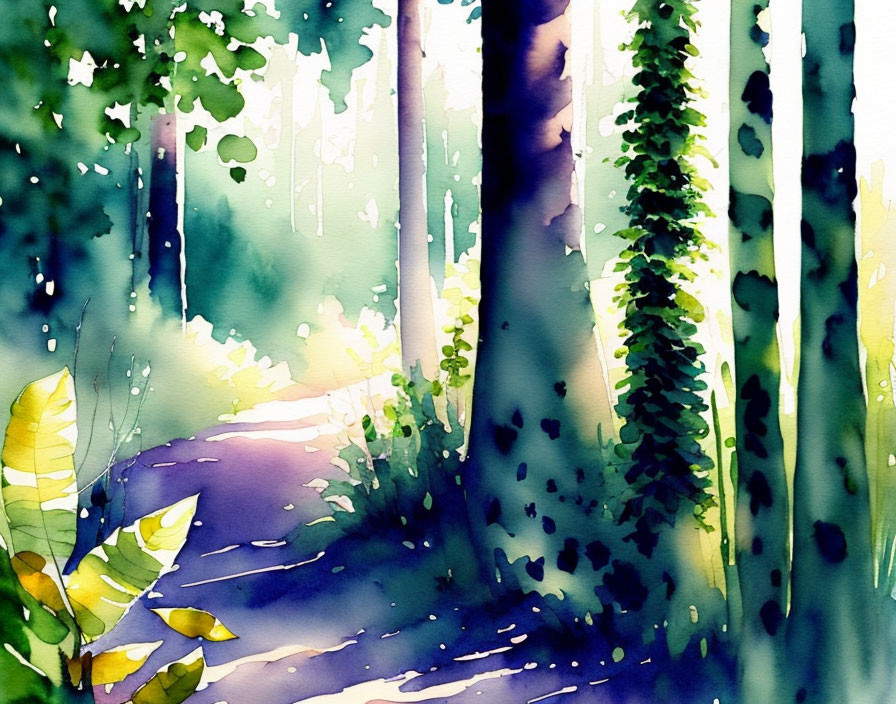 Sunlit forest watercolor painting with tall trees and lush green foliage