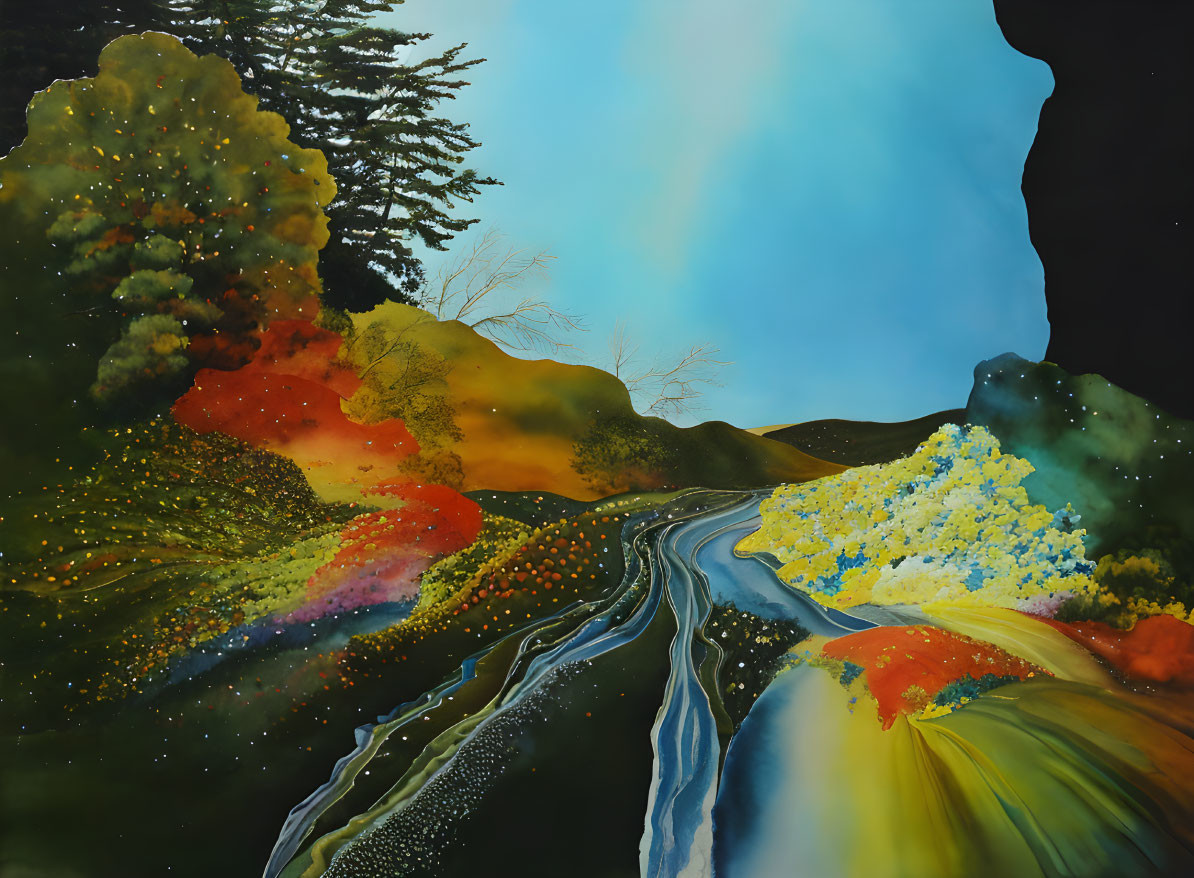 Colorful surreal landscape painting with winding road, vibrant foliage, dark cliffs, and bright blue sky.