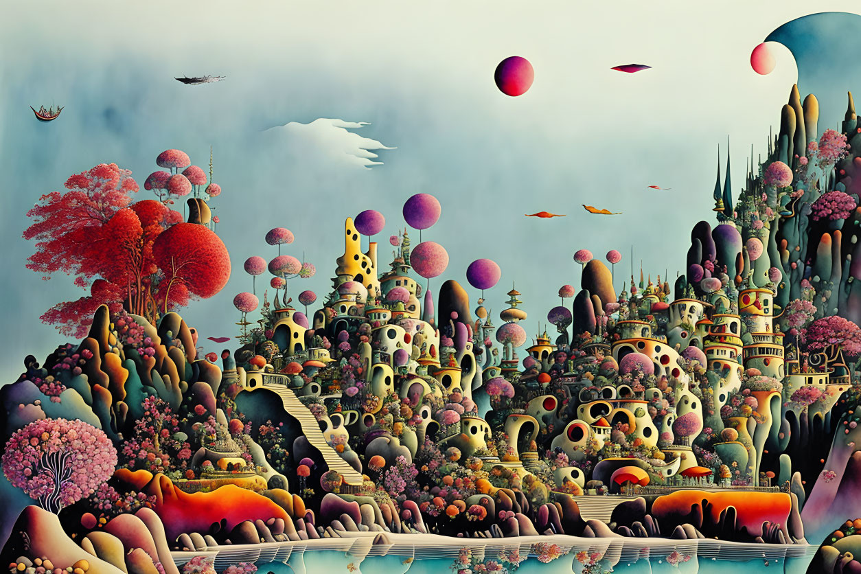 Fantastical surreal landscape with vibrant city and floating spheres