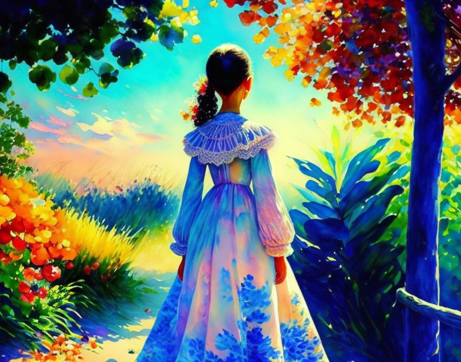 Young girl in blue dress surrounded by vibrant landscape