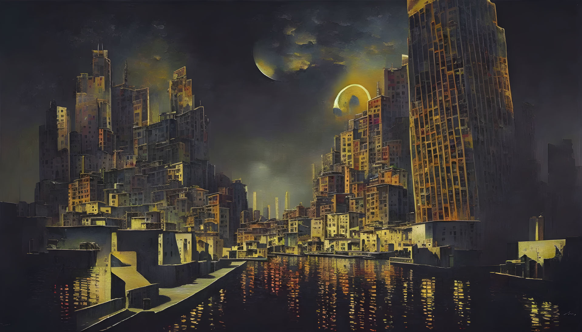 Dystopian cityscape at night with moonlit sky and illuminated buildings