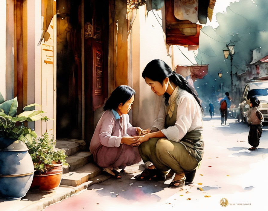 Watercolor painting of woman and girl conversing on sunlit street