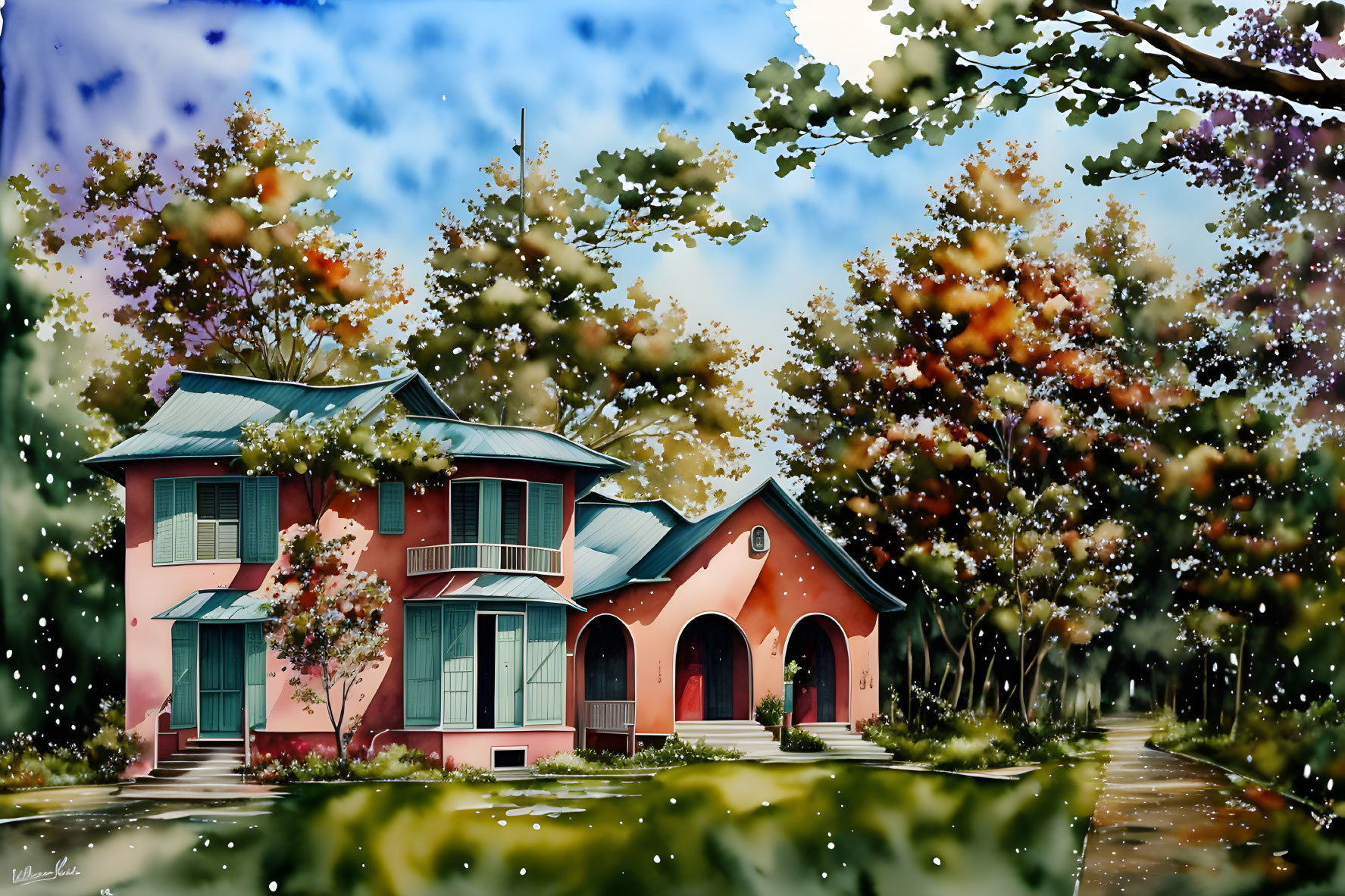 Vibrant illustration: Pink house in autumn snowscape