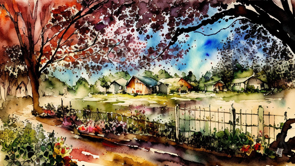 Colorful Watercolor Painting of Rustic Countryside Scene