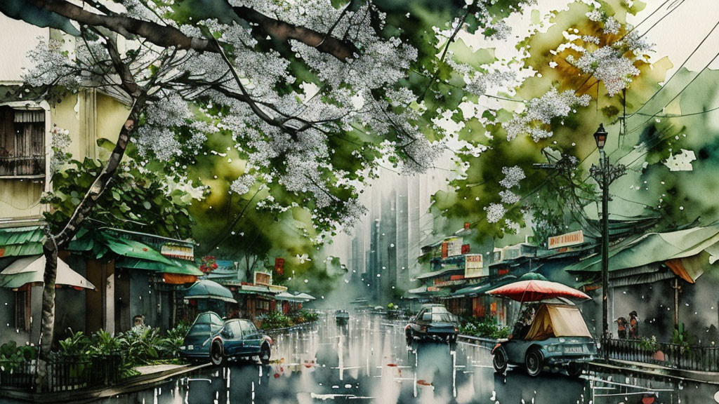 City street watercolor painting with blooming trees and rainy sky