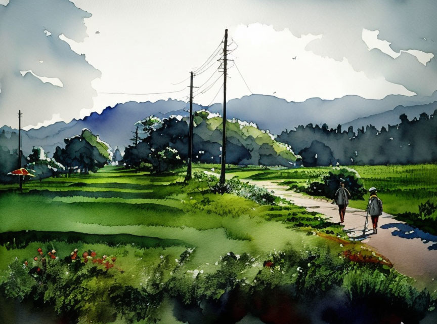 Two individuals walking in lush green landscape with mountains and utility pole