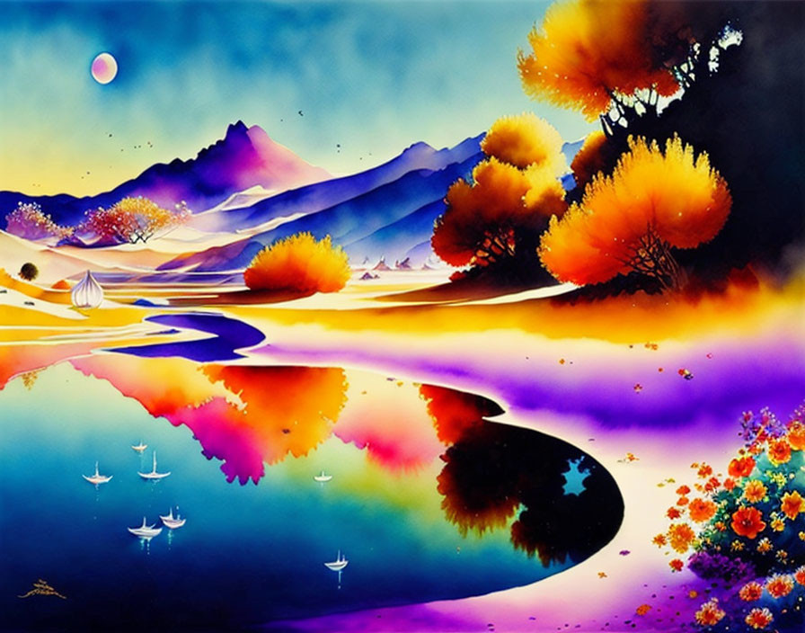 Colorful Trees, River, Boats, Mountains, Twilight Sky, Stars, Pink Planet