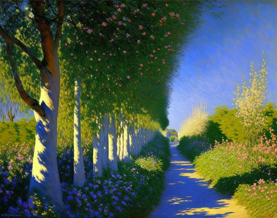 Sunlit pathway with blooming trees and flowers in serene painting