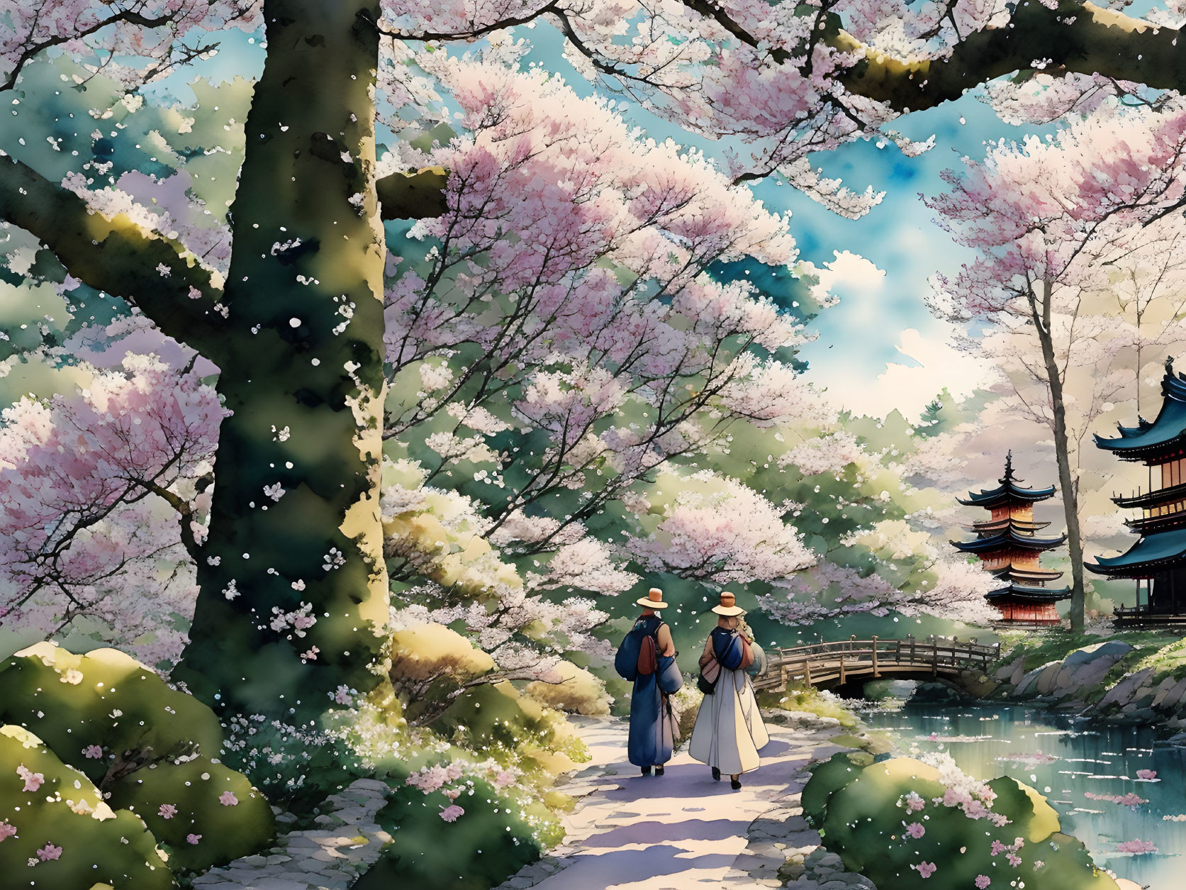 Traditional Attire Figures Under Cherry Blossoms and Pagoda