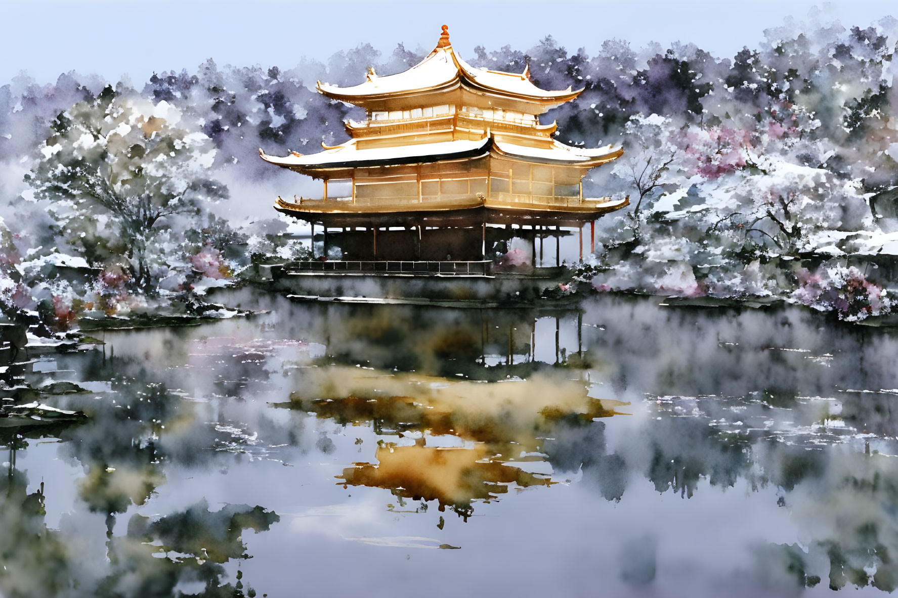 Golden Pavilion in Snow-Covered Garden with Pond