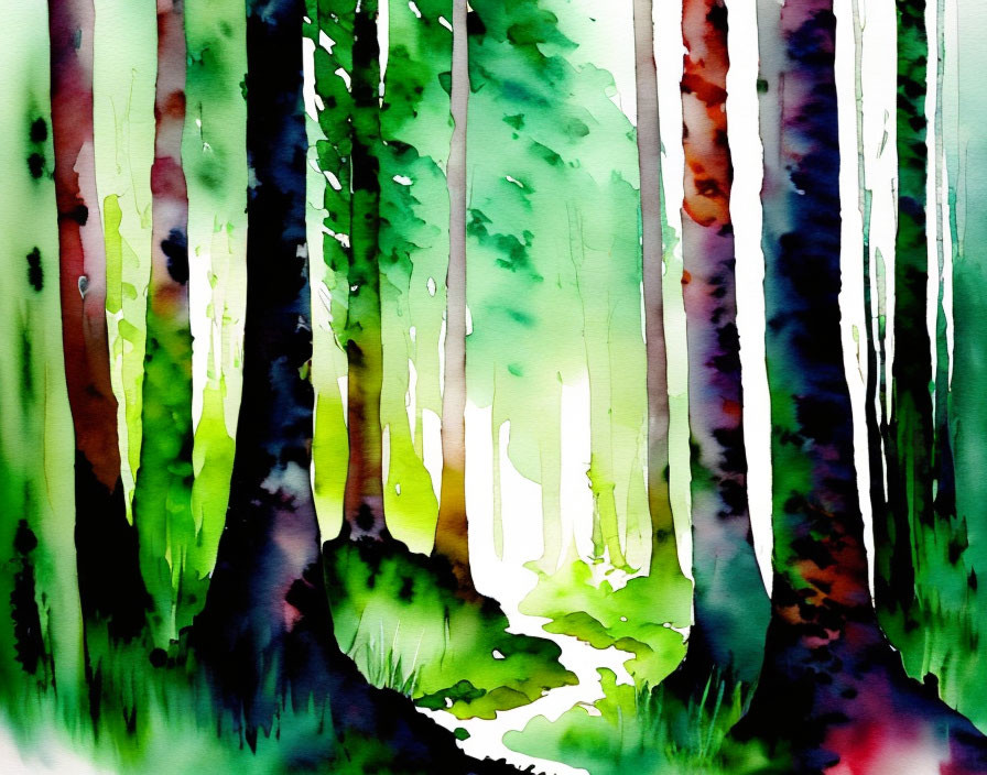 Colorful Watercolor Painting of a Forest with Slender Trees