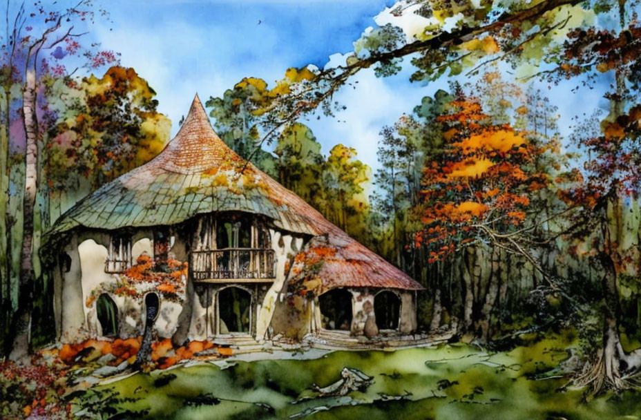 Quaint Thatched-Roof Cottage in Autumnal Forest Clearing