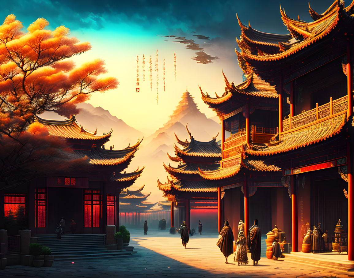 Traditional attired people stroll by ornate buildings under a sunset sky.