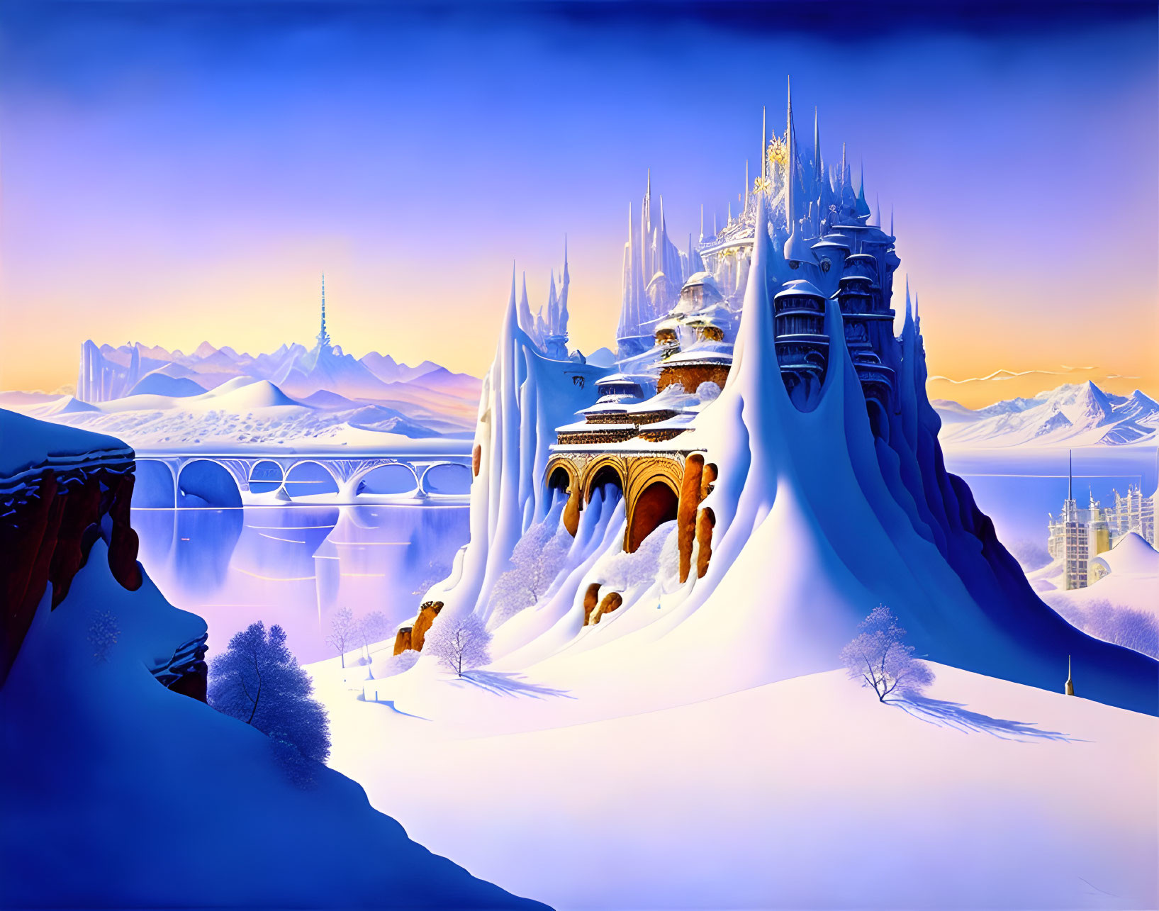 Icy Castle in Snowy Mountains and Blue Sky