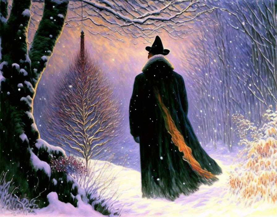 Person in cloak and hat in snowy twilight landscape with falling snow.