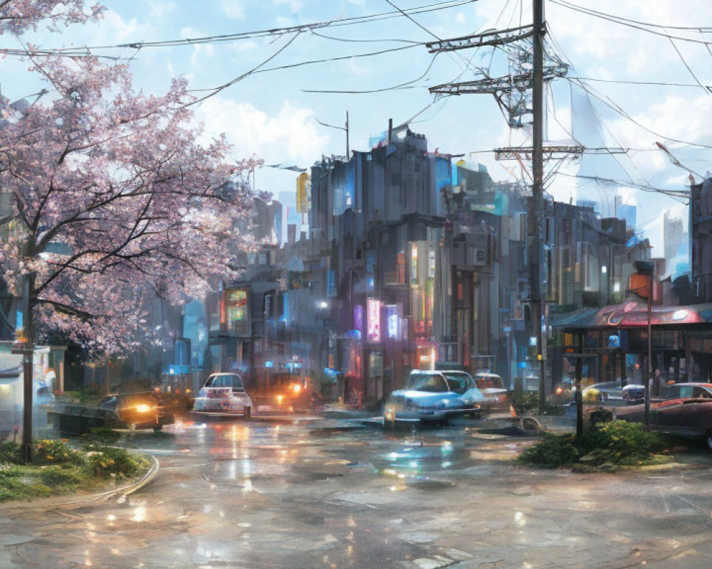 Neon-lit cityscape with cherry blossoms and futuristic buildings at dusk