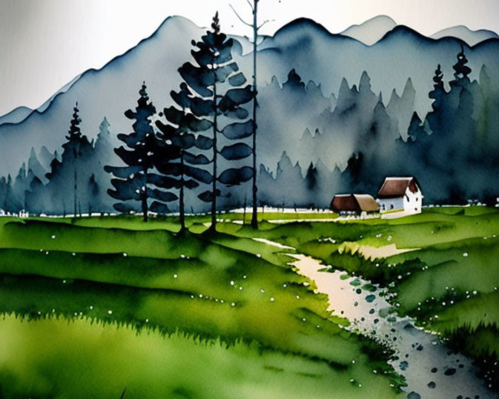 Serene landscape watercolor painting with mountains, trees, winding path, and small house