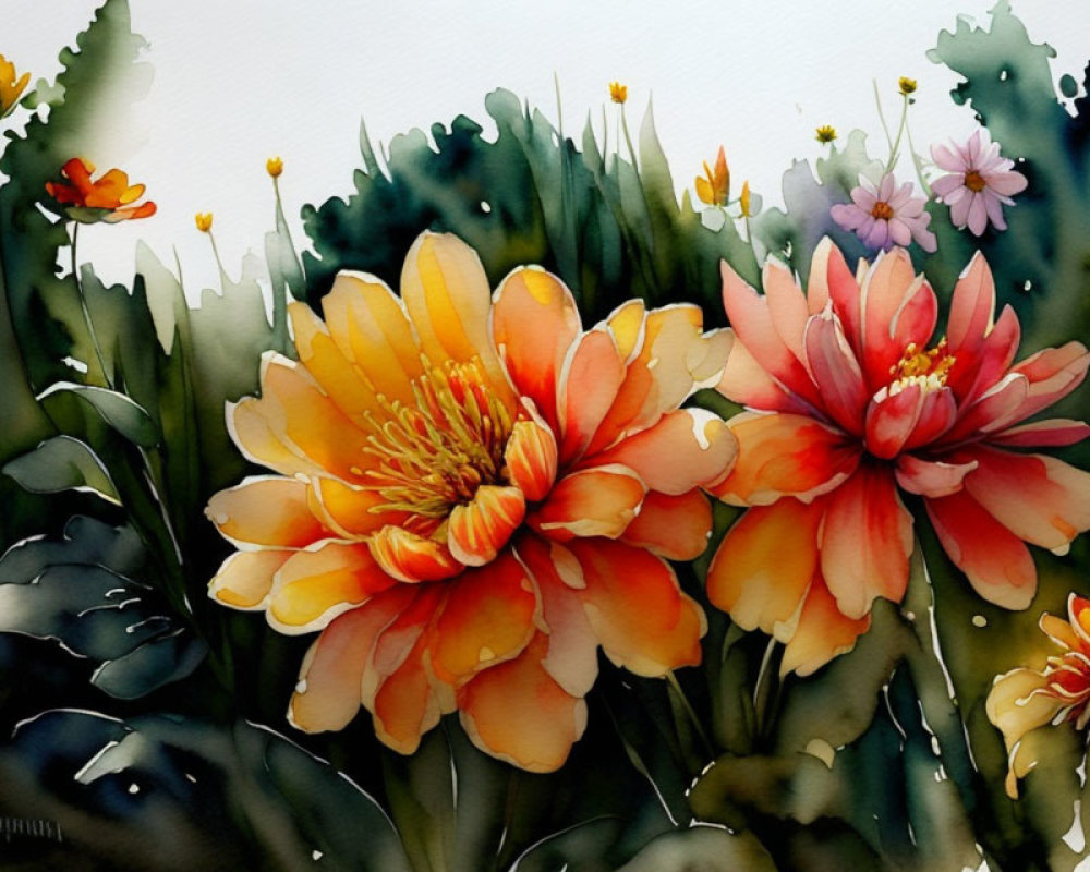 Colorful Watercolor Painting of Orange and Pink Flowers with Green Foliage