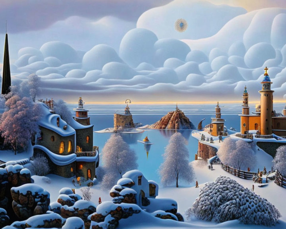 Snow-covered winter village with church, boats, and fluffy clouds.