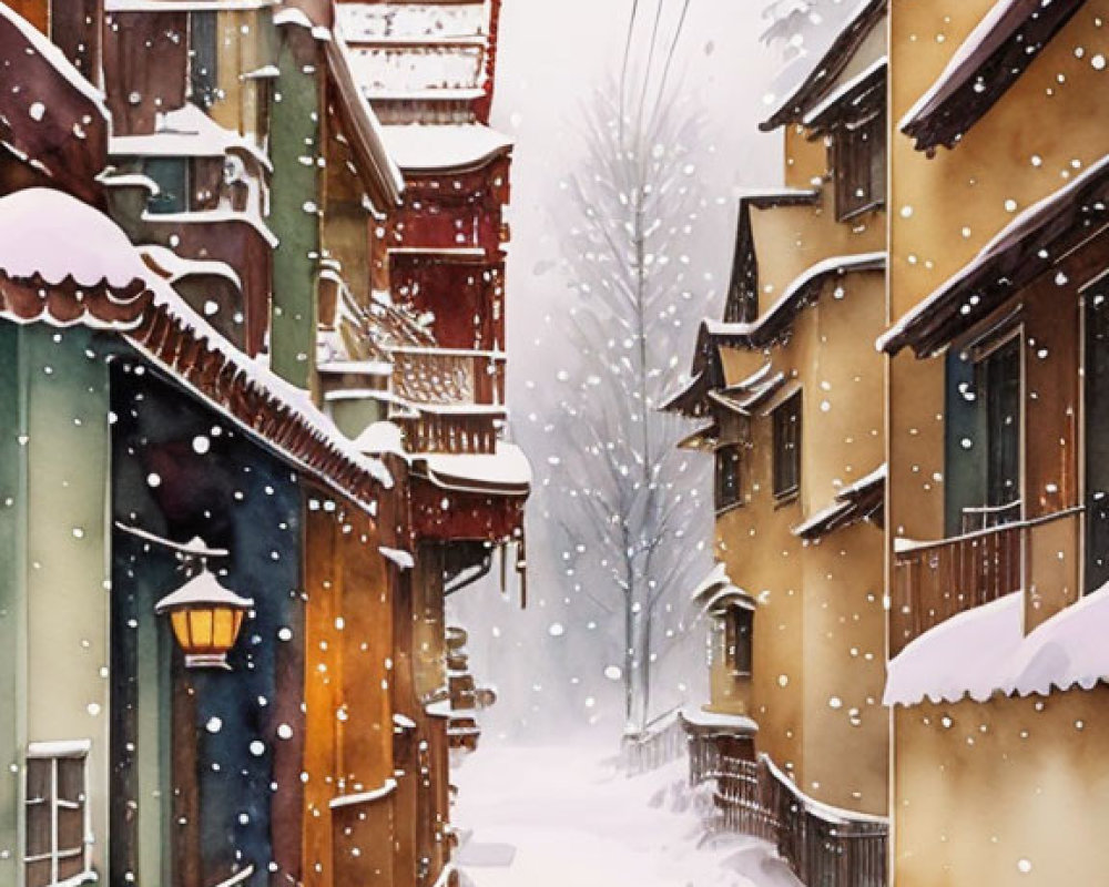 Snowy alley with traditional buildings and street lamp, snow-covered trees in background