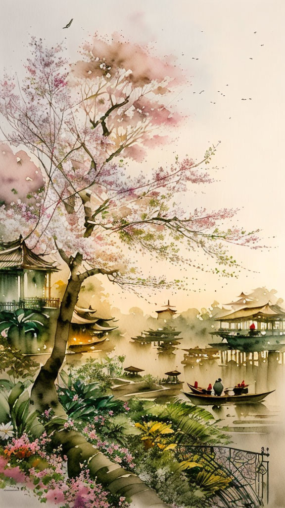 Tranquil watercolor painting of cherry blossoms by misty lakeside