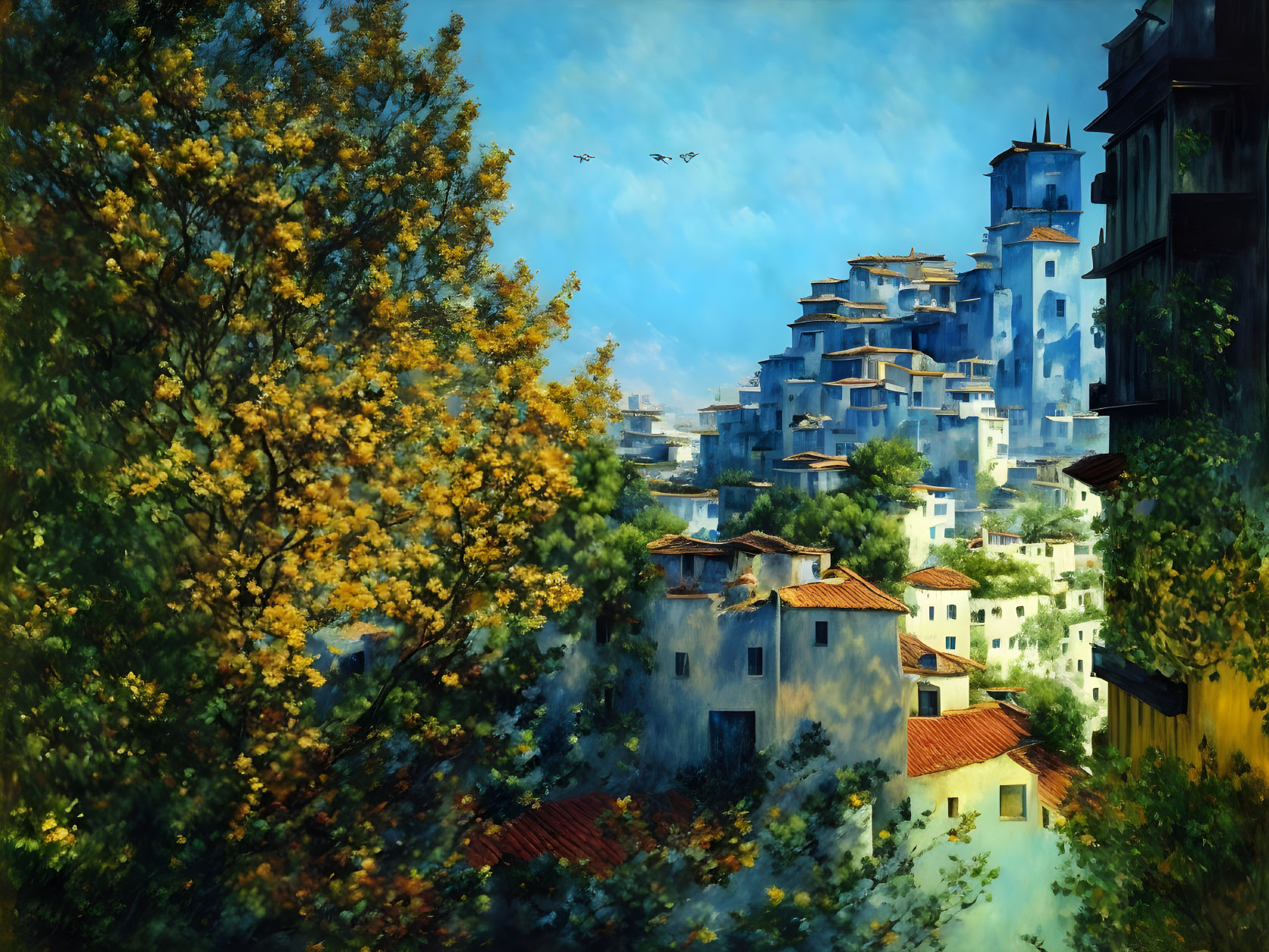 Scenic Mediterranean village with sunlit houses and lush greenery