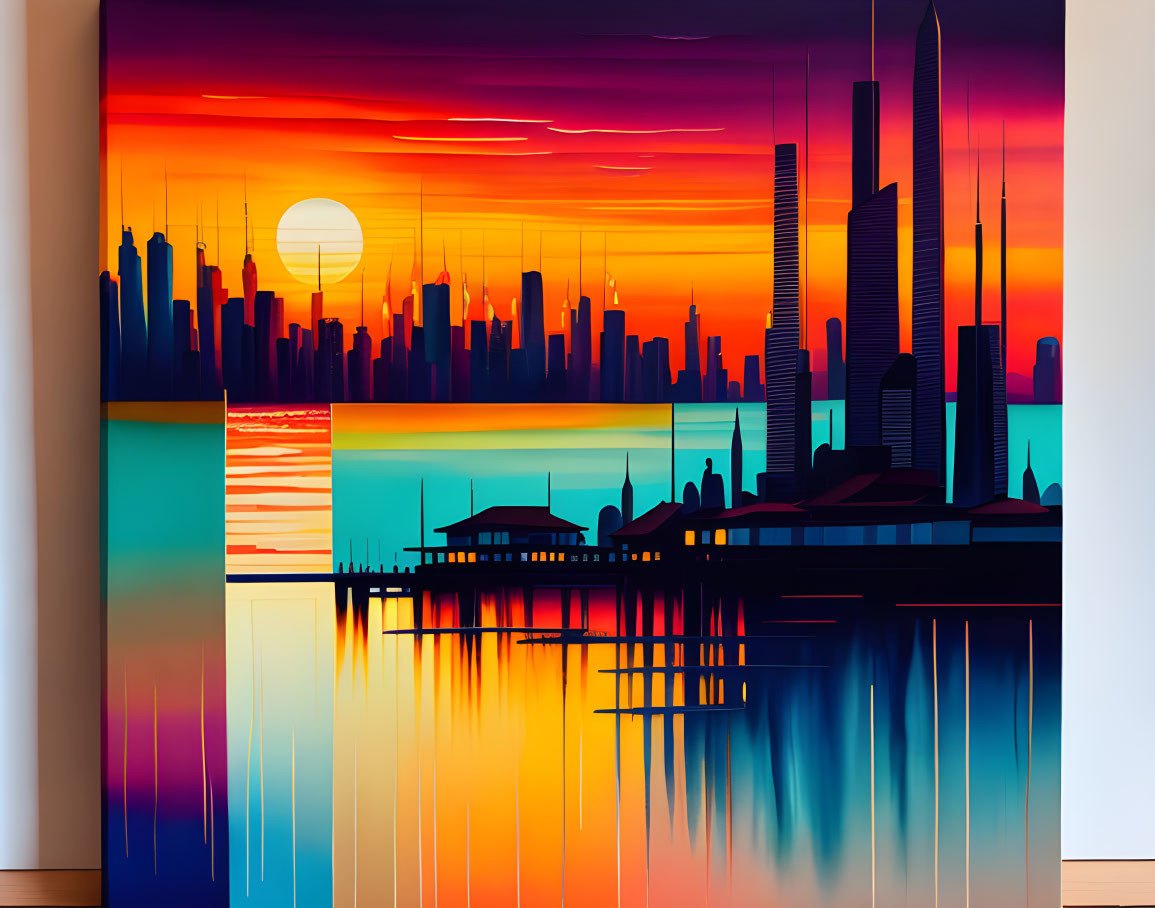 Cityscape painting: Vibrant sunset colors reflected on water, skyscrapers silhouetted against