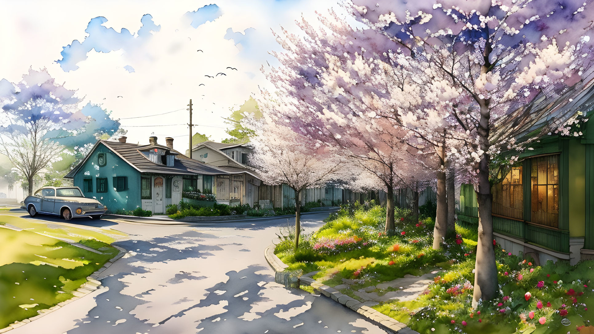 Scenic street with cherry trees, flowerbeds, old blue car, and birds