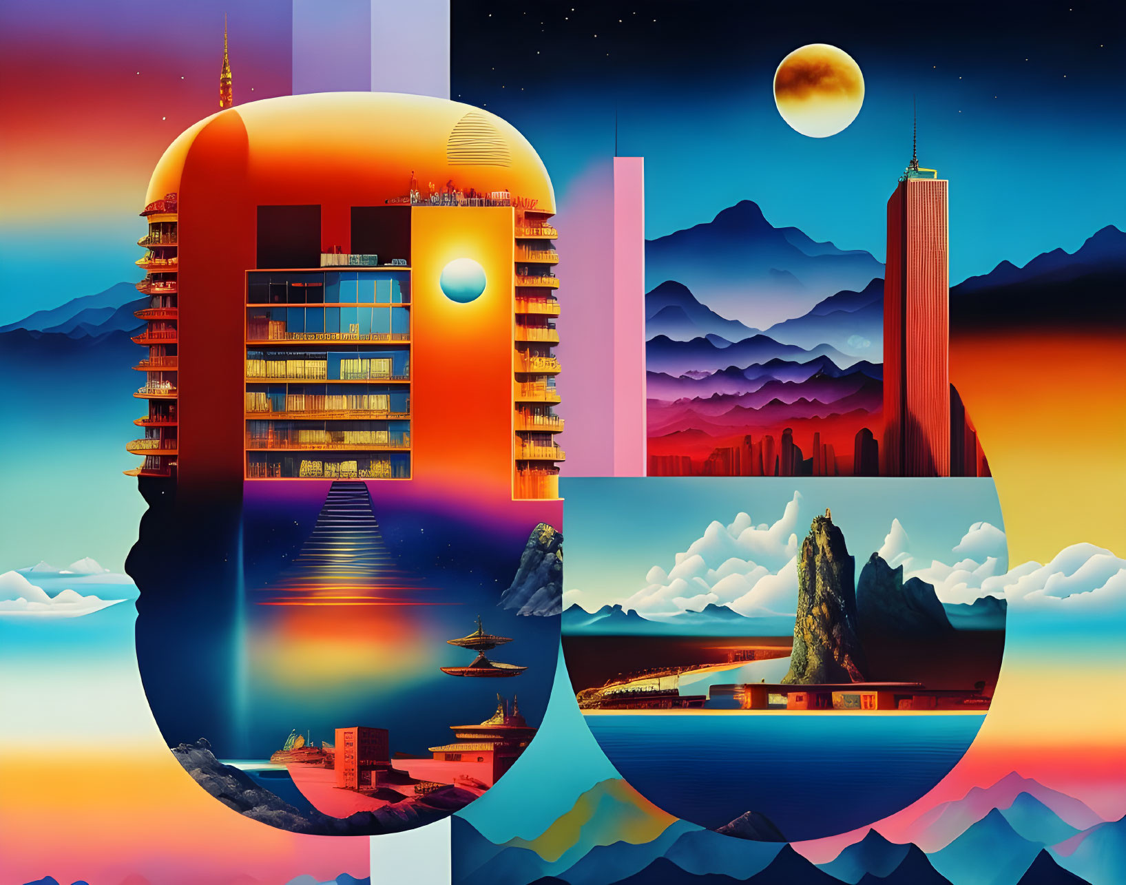 Surreal artwork: modern architecture, mountains, ocean in geometric shapes