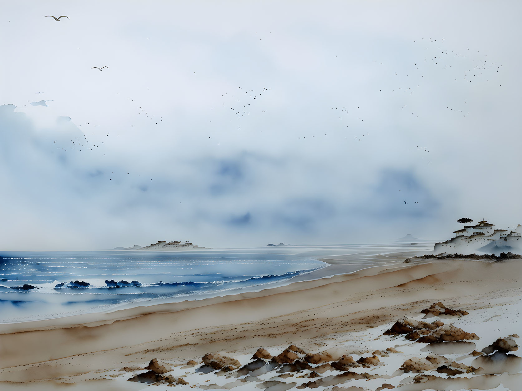 Tranquil beach scene with blue waves, cloudy sky, birds, sandy shores, and misty