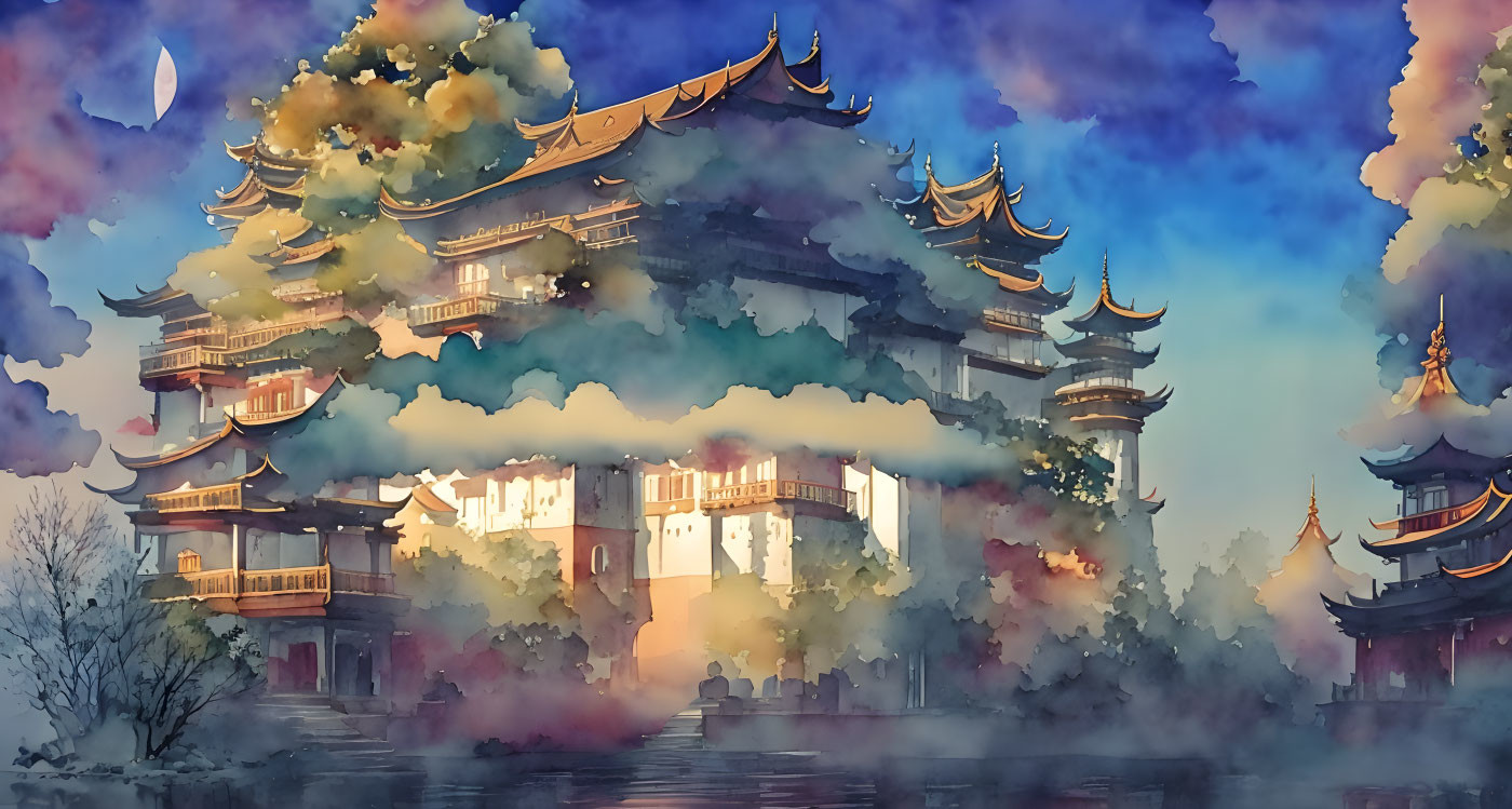 Majestic Asian-style palace in foggy landscape with crescent moon