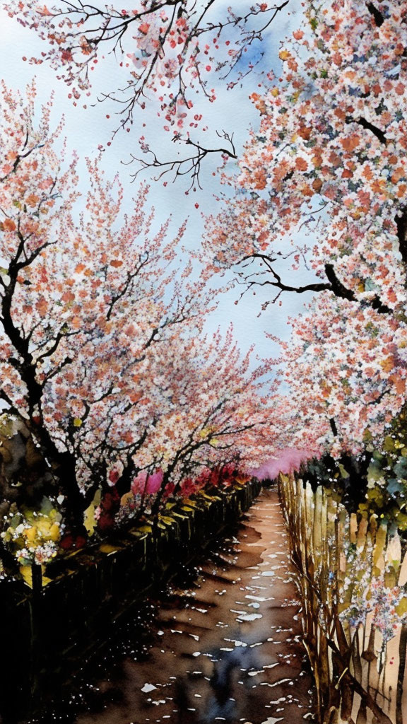 Scenic pathway with cherry blossom trees in watercolor.