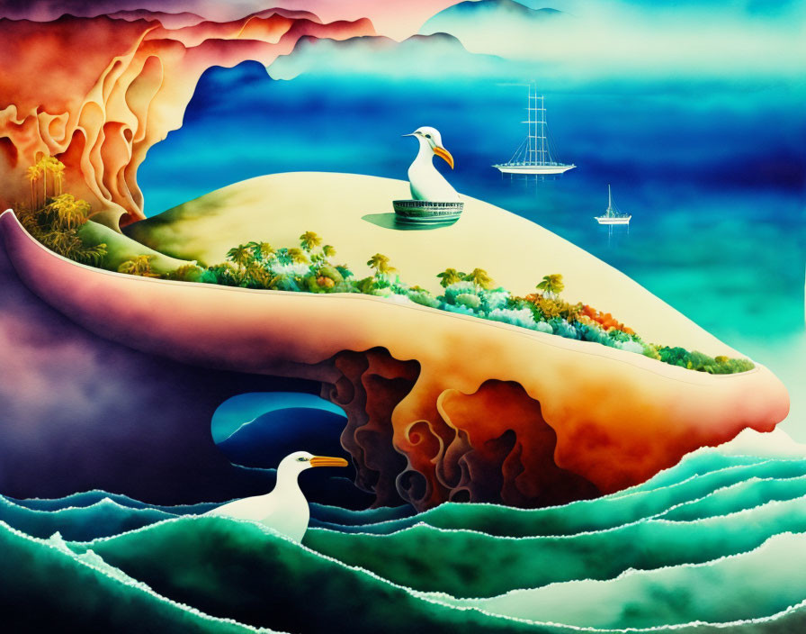 Surreal landscape with bird-shaped island and submerged bird feature