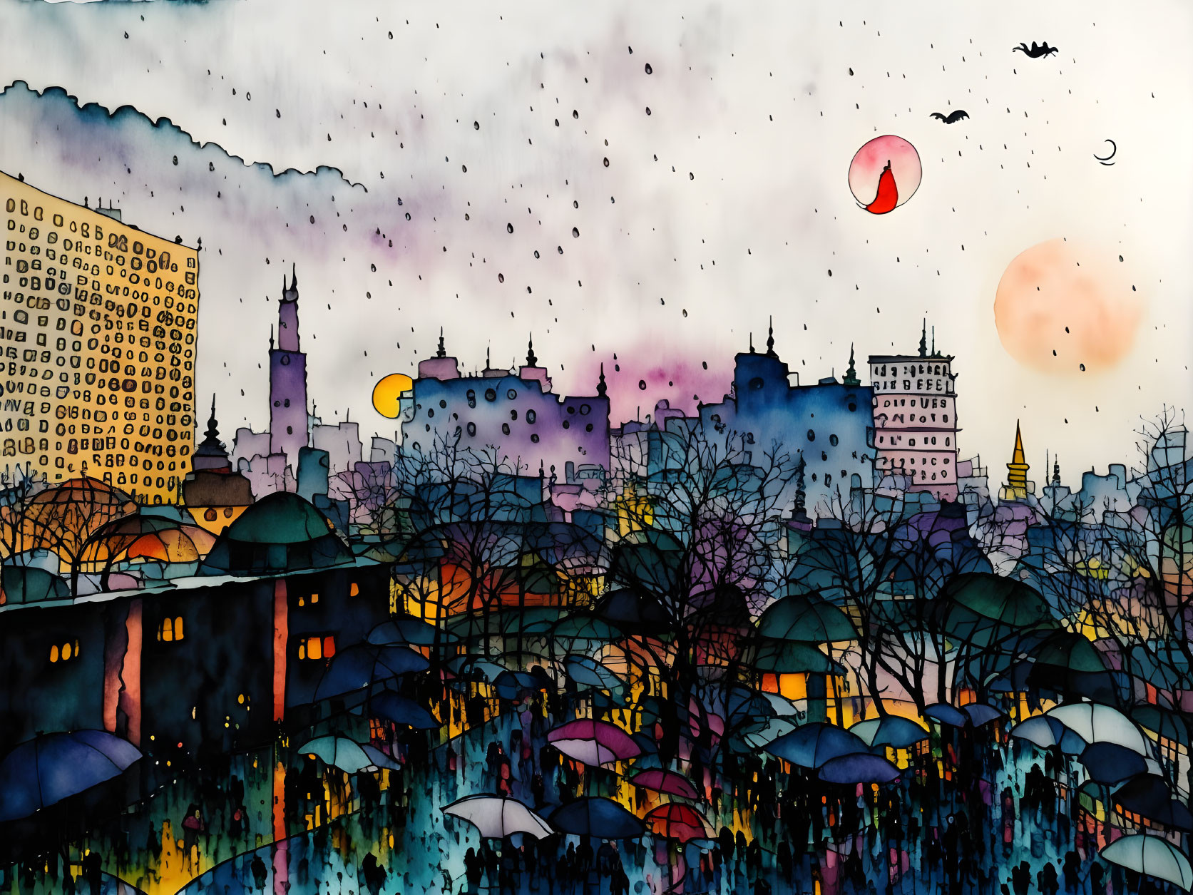 Vibrant cityscape watercolor with umbrellas, balloons, and birds