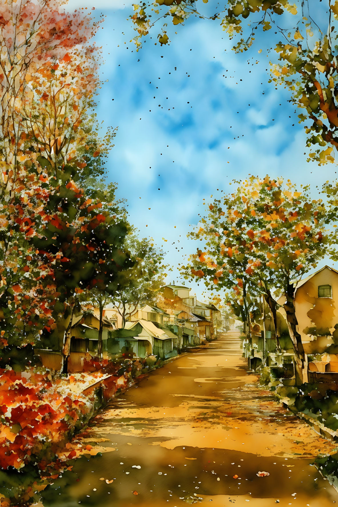 Colorful Autumn Trees in Watercolor Street Scene